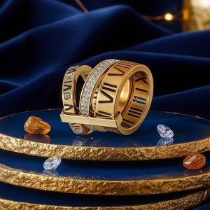 Modern Classic Roman Numeral Unisex Ring 18K Gold Plated Stainless Steel Sz 7